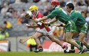 21 August 2005; Trevor Hilliard, Louth, in action against Fergus McMahon, left, and Brian Foley, London. Nicky Rackard Cup Final, Louth v London, Croke Park, Dublin. Picture credit; Brian Lawless / SPORTSFILE