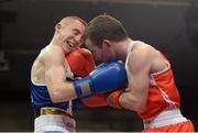 7 March 2014; Paddy Barnes, left, Holy Family Golden Gloves Boxing Club, exchanges punches with Hughie Myers, Ryson Boxing Club, during their 49Kg bout. National Senior Boxing Championship Finals, National Stadium, Dublin. Picture credit: Barry Cregg / SPORTSFILE