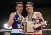 7 March 2014; Michael Conlan, right, St John Bosco Club, and Tyrone McCullough, Holy Family Golden Gloves Boxing Club, after their 56Kg bout. National Senior Boxing Championship Finals, National Stadium, Dublin. Picture credit: Barry Cregg / SPORTSFILE