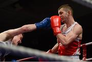 7 March 2014; Adam Nolan, right, Bray Boxing Club, exchanges punches with Stephen Donnelly, All Saints Boxing Club, during their 69Kg bout. National Senior Boxing Championship Finals, National Stadium, Dublin. Picture credit: Barry Cregg / SPORTSFILE