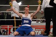7 March 2014; Stephen Donnelly, All Saints Boxing Club, after he was declared the winner over Adam Nolan, Bray Boxing Club, in their 69Kg bout. National Senior Boxing Championship Finals, National Stadium, Dublin. Picture credit: Barry Cregg / SPORTSFILE