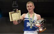 7 March 2014; Dean Walsh, St Josephs / St Ibars Boxing Club, celebrates after victory over Michael Nevin, Portlaoise Boxing Club, in their 64Kg bout. National Senior Boxing Championship Finals, National Stadium, Dublin. Picture credit: Barry Cregg / SPORTSFILE