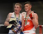 7 March 2014; Dean Walsh, left, St Josephs / St Ibars Boxing Club, and Michael Nevin, Portlaoise Boxing Club, after their 64Kg bout. National Senior Boxing Championship Finals, National Stadium, Dublin. Picture credit: Barry Cregg / SPORTSFILE