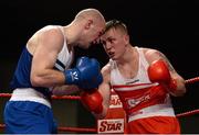 7 March 2014; Gary Sweeney, right, Olympic Boxing Club, exchanges punches with Stephen Ward, Monkstown Antrim Boxing Club, during their 91Kg bout. National Senior Boxing Championship Finals, National Stadium, Dublin. Picture credit: Barry Cregg / SPORTSFILE