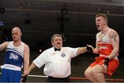 7 March 2014; Gary Sweeney, right, Olympic Boxing Club, is declared the winner over Stephen Ward, Monkstown Antrim Boxing Club, after their 91Kg bout. National Senior Boxing Championship Finals, National Stadium, Dublin. Picture credit: Barry Cregg / SPORTSFILE