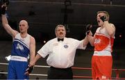 7 March 2014; Gary Sweeney, right, Olympic Boxing Club, is declared the winner over Stephen Ward, Monkstown Antrim Boxing Club, after their 91Kg bout. National Senior Boxing Championship Finals, National Stadium, Dublin. Picture credit: Barry Cregg / SPORTSFILE