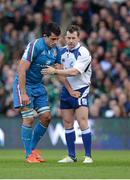 8 March 2014; Italy's Paul Derbyshire is held up by referee Nigel Owens in the first half, with suspected concussion, eventually leaving the field. RBS Six Nations Rugby Championship, Ireland v Italy, Aviva Stadium, Lansdowne Road, Dublin. Picture credit: Brendan Moran / SPORTSFILE