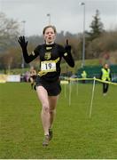 8 March 2014; Siofra Cleirigh-Buttner, Colaiste Iosagain Stillorgan, celebrates winning the Senior Girls 2500m race during the Aviva All-Ireland Schools Cross Country Championships. Cork IT, Bishopstown, Cork. Picture credit: Diarmuid Greene / SPORTSFILE