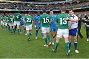 8 March 2014; Ireland's Brian O'Driscoll is congratulated by referee Nigel Owens after the game. RBS Six Nations Rugby Championship, Ireland v Italy, Aviva Stadium, Lansdowne Road, Dublin. Picture credit: Brendan Moran / SPORTSFILE