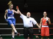 8 March 2014; Michela Walsh, blue, celebrates as she is declared the winner over Dervla Duffy in their 54 Kg bout. National Senior Women's Boxing Championship Finals, National Stadium, Dublin. Picture credit: Matt Browne / SPORTSFILE