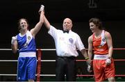8 March 2014; Amy Broadhurst, left, celebrates as she is declared the winner over Cheyanne O'Neill in their 60 Kg bout. National Senior Women's Boxing Championship Finals, National Stadium, Dublin. Picture credit: Matt Browne / SPORTSFILE