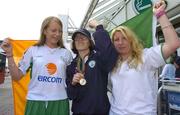 22 August 2005; The Special Olympic Ireland Women's soccer team members, from left, Sara Phelan, Coach, Ann Brennan, Connaught, and Ramone Keogh, Head of Delegation celebrate on their arrival into Dublin Airport after finishing in second place in the Euro 2005 Championship in Brussels, Belgium. Dublin Airport, Dublin. Picture credit; Pat Murphy / SPORTSFILE