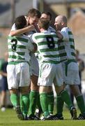 28 August 2005; Jason McGuinness, second from left, Shamrock Rovers, celebrates with team-mates, from left to right, Keith Doyle, Trevor Molloy, and Derek Tracey, after scoring his sides second goal. FAI Carlsberg Cup 3rd Round, Shamrock Rovers v Douglas Hall, Dalymount Park, Dublin. Picture credit; Brian Lawless / SPORTSFILE