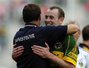 28 August 2005; Seamus Moynihan, left, Kerry, celebrates at the end of the game with his manager Jack O'Connor. Bank of Ireland All-Ireland Senior Football Championship Semi-Final, Kerry v Cork, Croke Park, Dublin. Picture credit; David Maher / SPORTSFILE