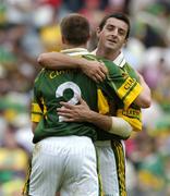 28 August 2005; Aidan O'Mahony, right, Kerry, celebrates at the end of the game with team-mate Marc O'Se. Bank of Ireland All-Ireland Senior Football Championship Semi-Final, Kerry v Cork, Croke Park, Dublin. Picture credit; David Maher / SPORTSFILE