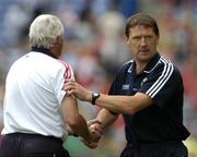 28 August 2005; Kerry manager Jack O'Connor, right, shakes hands with Cork manager Billy Morgan after the final whistle. Bank of Ireland All-Ireland Senior Football Championship Semi-Final, Kerry v Cork, Croke Park, Dublin. Picture credit; Brendan Moran / SPORTSFILE