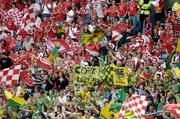 28 August 2005; Cork and Kerry fans cheer on their sides before the game. Bank of Ireland All-Ireland Senior Football Championship Semi-Final, Kerry v Cork, Croke Park, Dublin. Picture credit; Brendan Moran / SPORTSFILE