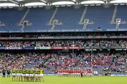 28 August 2005; The Kerry and Cork teams stand for the national anthems before the game. Bank of Ireland All-Ireland Senior Football Championship Semi-Final, Kerry v Cork, Croke Park, Dublin. Picture credit; Brendan Moran / SPORTSFILE