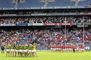 28 August 2005; The Kerry and Cork teams stand for a minute's silence in memory of the late Galway footballer Sean Purcell. Bank of Ireland All-Ireland Senior Football Championship Semi-Final, Kerry v Cork, Croke Park, Dublin. Picture credit; Brendan Moran / SPORTSFILE