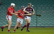 27 August 2005; Niall Healy, Galway, in action against Kevin Hartnett, left, and Eoin O'Sullivan, Cork. Erin U21 Hurling Championship Semi-Final, Galway v Cork, Gaelic Grounds, Limerick. Picture credit; Brendan Moran / SPORTSFILE
