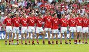 28 August 2005; The Cork players stand for the National Anthem. Bank of Ireland All-Ireland Senior Football Championship Semi-Final, Kerry v Cork, Croke Park, Dublin. Picture credit; Ray McManus / SPORTSFILE