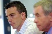 30 August 2005; Ireland captain Padraic Joyce looks on while Ireland manager Pete McGrath announces the provisional panel at a press briefing for the Coca Cola International Rules series in Australia. Croke Park, Dublin. Picture credit; Pat Murphy / SPORTSFILE
