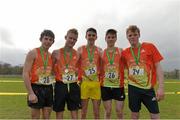 8 March 2014; St Fintan's Sutton students, from left to right, Eoin Stratt, Andy McMorrow, Cill Kirwan, Dyl Kirwan, and Kevin Doran after winning silver in the team event of the Senior Boys 6500m race during the Aviva All-Ireland Schools Cross Country Championships. Cork IT, Bishopstown, Cork. Picture credit: Diarmuid Greene / SPORTSFILE