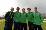 8 March 2014; St Malachy's College Belfast students, from left to right, James Smyth, Christopher Connolly, Paddy Robb, Dougie Bowes, and Philip Donnelly after winning bronze in the team event of the Senior Boys 6500m race during the Aviva All-Ireland Schools Cross Country Championships. Cork IT, Bishopstown, Cork. Picture credit: Diarmuid Greene / SPORTSFILE