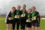 8 March 2014; Colaiste Iosagain Dublin students, from left to right, Aoife Nic an Mhanaigh, Muireann de Spainn, Kappa Ni Ghralaigh, Sophie Nic Dhaibheio, and Siofra Cleirigh Buttner, after winning silver in the team event in the Senior Girls 2500m race during the Aviva All-Ireland Schools Cross Country Championships. Cork IT, Bishopstown, Cork. Picture credit: Diarmuid Greene / SPORTSFILE