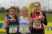 8 March 2014; From left to right, third place Fiona Everard, Maria Immaculate CC, Dunmanway, first place Rhona Peirce, Skerries CC, and second place Clodagh O'Reilly, Loreto College Cavan, after the Intermediate Girls 3500m race at the Aviva All-Ireland Schools Cross Country Championships. Cork IT, Bishopstown, Cork. Picture credit: Diarmuid Greene / SPORTSFILE