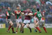 9 March 2014; Gavin Hoey, Westmeath, in action against Mayo's Donal Vaughan, left, Lee Keegan, and David Drake, right. Allianz Football League Division 1 Round 4, Westmeath v Mayo, Cusack Park, Mullingar, Co. Westmeath. Photo by Sportsfile