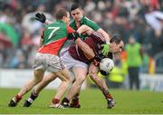 9 March 2014; Dessie Dolan, Westmeath, in action against Colm Boyle, left, and Brendan Harrison, Mayo. Allianz Football League Division 1 Round 4, Westmeath v Mayo, Cusack Park, Mullingar, Co. Westmeath. Photo by Sportsfile