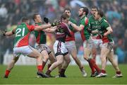 9 March 2014; Gavin Hoey, Westmeath, is surrounded by Mayo players, from left: Seamus O'Shea, Donal Vaughan, Lee Keegan, David Drake, Aidan O'Shea and Colm Boyle. Allianz Football League Division 1 Round 4, Westmeath v Mayo, Cusack Park, Mullingar, Co. Westmeath. Photo by Sportsfile