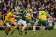 9 March 2014; Dalton McDonagh, Meath, in action against Mark McHugh and Neil Gallagher, Donegal. Allianz Football League Division 2 Round 4, Donegal v Meath, MacCumhaill Park, Ballybofey, Co. Donegal. Picture credit: Oliver McVeigh / SPORTSFILE