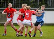 9 March 2014; Noelle Healy, Dublin, in action against Vera Foley, left, Angela Walsh and Briege Corkery, 9, Cork. Tesco Homegrown Ladies National Football League Division 1 Round 5, Dublin v Cork, Parnell Park, Dublin. Picture credit: Pat Murphy / SPORTSFILE