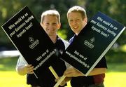 29 August 2005; All-Ireland hurling finalists Joe Deane of Cork and Ollie Canning of Galway at a photocall to remind fans to vote on www.guinnesshurling.ie to choose their top 15 hurling legends from a panel of 75 players. The deadline on voting has been extended to Monday, 12th September, the day ofter the Guinness All-Ireland Hurling Final between Cork and Galway. St Stephen's Green, Dublin. Picture credit; Brendan Moran / SPORTSFILE