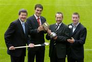 30 August 2005; All-Ireland finalists Tom Kenny of Cork, 2nd from left, and Damien Hayes of Galway, right, with Billy Finn, General Manager of AIB, left, and Sean Kelly, President of the GAA, at the launch of the AIB Kilmacud Crokes All-Ireland Hurling 7's which will take place on 10th September. Croke Park, Dublin. Picture credit; Brendan Moran / SPORTSFILE