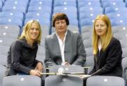 26 August 2005; Two of Camogies star players Caroline Murray, Galway, right, and Mary O'Connor, Cork, left, who were appointed as Regional Development Co-ordinators with Lynn Kelly, Limerick, who was appointed as National Camogie Development Co-ordinator. Croke Park, Dublin. Picture credit; Pat Murphy / SPORTSFILE