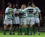 2 September 2005; Trevor Molloy, third from left, Shamrock Rovers, celebrates after scoring his sides second goal with team-mates from left to right, Tony Sheridan, Mark Rutherford, Marc Kenny and Gavin McDonnell. eircom League, Premier Division, Bohemians v Shamrock Rovers, Dalymount Park, Dublin. Picture credit; David Maher / SPORTSFILE