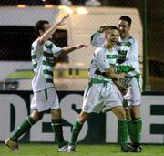 2 September 2005; Lee Roche, second from right, Shamrock Rovers, celebrates after scoring his sides third goal with team-mates Mark Quigley, left and Marc Kenny. eircom League, Premier Division, Bohemians v Shamrock Rovers, Dalymount Park, Dublin. Picture credit; David Maher / SPORTSFILE