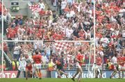 4 September 2005; Owen Mulligan, Tyrone, left, celebrates as Peter Canavans winning point goes over, Bank of Ireland All-Ireland Senior Football Championship Semi-Final, Armagh v Tyrone, Croke Park, Dublin. Picture credit; Damien Eagers / SPORTSFILE