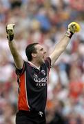 4 September 2005; Armagh goalkeeper Paul Hearty celebrates after team-mate Steven McDonnell scores their sides goal. Bank of Ireland All-Ireland Senior Football Championship Semi-Final, Armagh v Tyrone, Croke Park, Dublin. Picture credit; Brendan Moran / SPORTSFILE