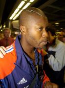 6 September 2005; Djibril Cisse, a member of the French squad, pictured on arrival at Dublin Airport in advance of the World Cup Qualifying game against the Republic of Ireland. Dublin Airport, Dublin. Picture credit; Damien Eagers / SPORTSFILE