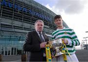 10 March 2014; At the quarter-final draw for the FAI Junior Cup are FAI Junior Cup Ambassador Ray Houghton and Sheriff YC captain Dave Doyle. FAI Junior Cup Quarter-Final Draw, Aviva Stadium, Lansdowne Road, Dublin. Photo by Sportsfile