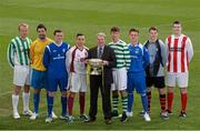 10 March 2014;  FAI Junior Cup Ambassador Ray Houghton at the quarter-final draw for the FAI Junior Cup with club captains, from left, James Walsh, St. Michaels FC, Mark Keane, Carew Park FC, Dean Carpenter, Collinstown FC, Ger Cheevers, NUI Galway FC, Dave Doyle, Sheriff YC, Kenneth Roche, Liffey Wanderers FC, Stephen McNamara, Ballynanty Rovers FC, and Paul Danagher, Geraldines FC. FAI Junior Cup Quarter-Final Draw, Aviva Stadium, Lansdowne Road, Dublin. Photo by Sportsfile