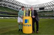 10 March 2014; At the quarter-final draw for the FAI Junior Cup are FAI Junior Cup Ambassador Ray Houghton and Sheriff YC captain Dave Doyle. FAI Junior Cup Quarter-Final Draw, Aviva Stadium, Lansdowne Road, Dublin. Photo by Sportsfile