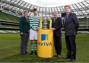 10 March 2014; At the quarter-final draw for the FAI Junior Cup are Sheriff YC captain Dave Doyle with Teresa McCabe, FAI Junior Council President, FAI Junior Cup Ambassador Ray Houghton and John Quinlan, right, Managing Director, General Insurance, Aviva Ireland. FAI Junior Cup Quarter-Final Draw, Aviva Stadium, Lansdowne Road, Dublin. Photo by Sportsfile