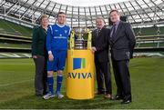 10 March 2014; At the quarter-final draw for the FAI Junior Cup are Collinstown FC captain Dean Carpenter with Teresa McCabe, FAI Junior Council President, FAI Junior Cup Ambassador Ray Houghton and John Quinlan, right, Managing Director, General Insurance, Aviva Ireland. FAI Junior Cup Quarter-Final Draw, Aviva Stadium, Lansdowne Road, Dublin. Photo by Sportsfile