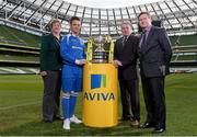 10 March 2014; At the quarter-final draw for the FAI Junior Cup are Liffer Wanderers captain Kenneth Roche with Teresa McCabe, FAI Junior Council President, FAI Junior Cup Ambassador Ray Houghton and John Quinlan, right, Managing Director, General Insurance, Aviva Ireland. FAI Junior Cup Quarter-Final Draw, Aviva Stadium, Lansdowne Road, Dublin. Photo by Sportsfile