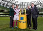 10 March 2014; At the quarter-final draw for the FAI Junior Cup are NUI Galway FC captain Ger Cheevers with Teresa McCabe, FAI Junior Council President, FAI Junior Cup Ambassador Ray Houghton and John Quinlan, right, Managing Director, General Insurance, Aviva Ireland. FAI Junior Cup Quarter-Final Draw, Aviva Stadium, Lansdowne Road, Dublin. Photo by Sportsfile